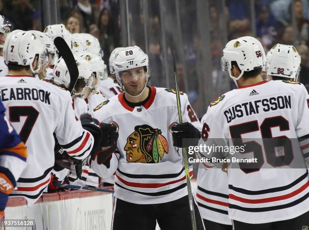 Brandon Saad of the Chicago Blackhawks celebrates his second period goal against the New York Islanders at the Barclays Center on March 24, 2018 in...