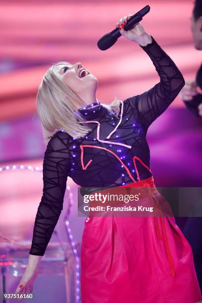 Beatrice Egli performs during the tv show 'Willkommen bei Carmen Nebel' on March 24, 2018 in Hof, Germany. The show will be aired on March 24, 2018.