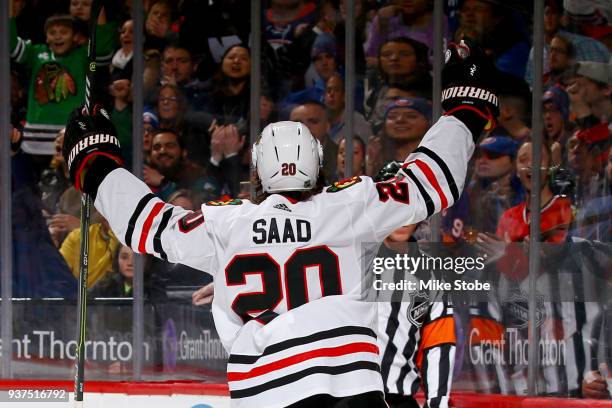 Brandon Saad of the Chicago Blackhawks celebrates his second-period goal against the New York Islanders at Barclays Center on March 24, 2018 in New...