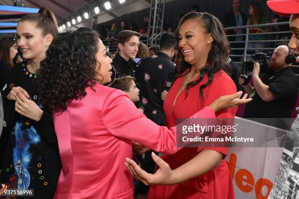 Liza Koshy and Nia Sioux attends Nickelodeon's 2018 Kids' Choice Awards at The Forum on March 24, 2018 in Inglewood, California.