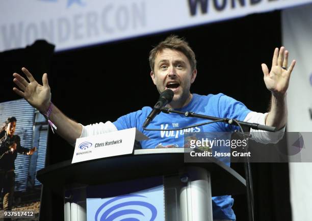 Moderator Chris Hardwick speaks onstage during AMC's 'Fear of the Walking Dead' panel at WonderCon at Anaheim Convention Center on March 24, 2018 in...