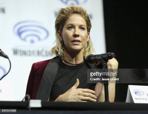 Actor Jenna Elfman speaks onstage during AMC's 'Fear of the Walking Dead' panel at WonderCon at Anaheim Convention Center on March 24, 2018 in...