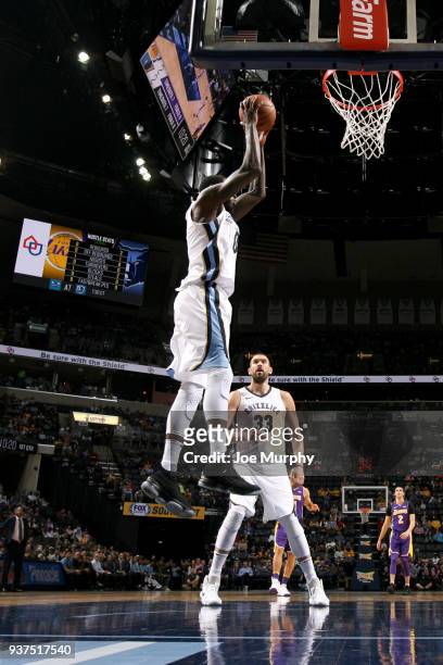 JaMychal Green of the Memphis Grizzlies grabs the rebound against the Los Angeles Lakers on March 24, 2018 at FedExForum in Memphis, Tennessee. NOTE...