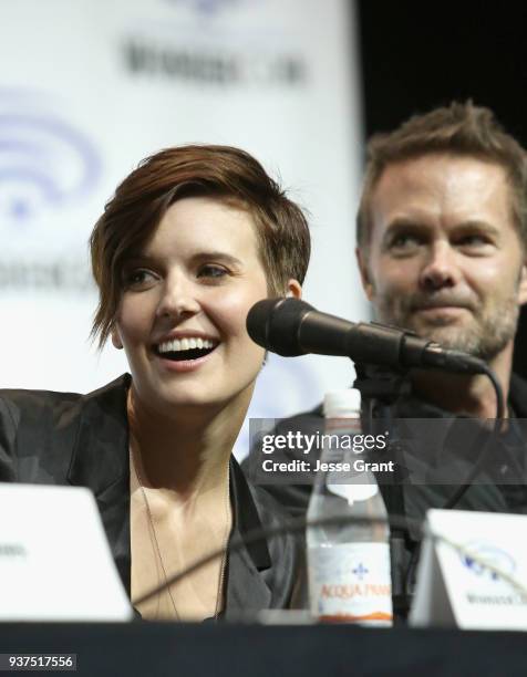 Actors Maggie Grace and Garret Dillahunt speak onstage during AMC's 'Fear of the Walking Dead' panel at WonderCon at Anaheim Convention Center on...