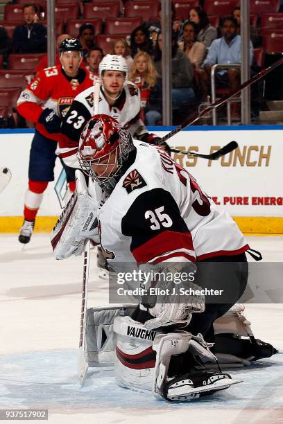 Goaltender Darcy Kuemper of the Arizona Coyotes defends the net against during the first period against the Florida Panthers at the BB&T Center on...