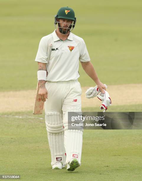 Tasmania player Matthew Wade leaves after getting out during day three of the Sheffield Shield final match between Queensland and Tasmania at Allan...