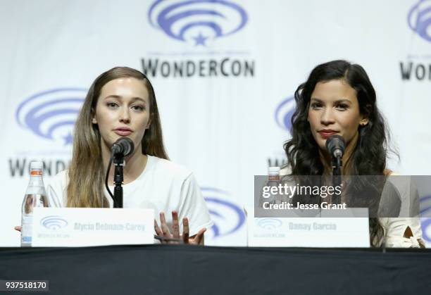 Actors Alycia Debnam Carey and Danay Garcia speak onstage during AMC's 'Fear of the Walking Dead' panel at WonderCon at Anaheim Convention Center on...