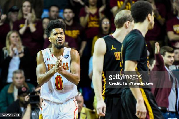 Noah King of Ferris State University reacts after a call is made against him during the Division II Men's Basketball Championship held at the Sanford...
