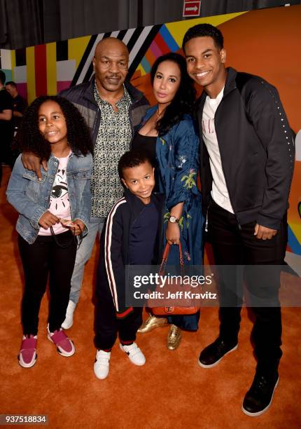Mike Tyson with Lakiha Tyson and Milan Tyson, Miguel Tyson, and Morocco Tyson attend Nickelodeon's 2018 Kids' Choice Awards at The Forum on March 24,...