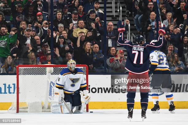 Nick Foligno of the Columbus Blue Jackets reacts after a shot gets past goaltender Jake Allen of the St. Louis Blues during the second period of a...