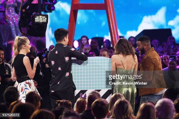 Lizzy Greene, Alex Wassabi, LaurDIY and Kel Mitchell onstage at Nickelodeon's 2018 Kids' Choice Awards at The Forum on March 24, 2018 in Inglewood,...