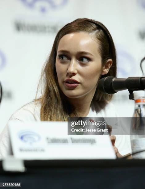 Actor Alycia Debnam Carey speaks onstage during AMC's 'Fear of the Walking Dead' panel at WonderCon at Anaheim Convention Center on March 24, 2018 in...