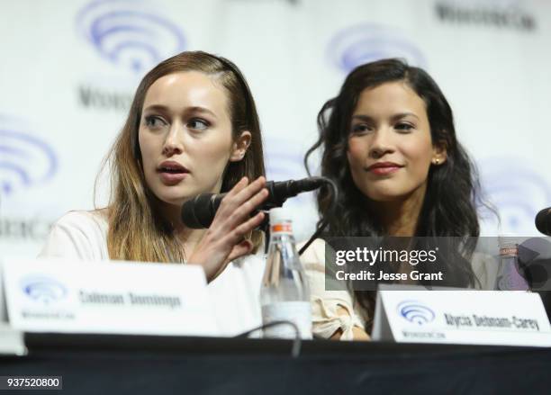 Actors Alycia Debnam Carey and Danay Garcia speak onstage during AMC's 'Fear of the Walking Dead' panel at WonderCon at Anaheim Convention Center on...