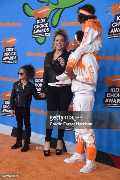Monroe Cannon, Mariah Carey, Nick Cannon, and Moroccan Scott Cannon attend Nickelodeon's 2018 Kids' Choice Awards at The Forum on March 24, 2018 in...