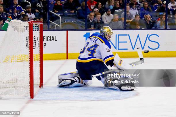 Jake Allen of the St. Louis Blues makes a save during the second period of the game against the Columbus Blue Jackets on March 24, 2018 at Nationwide...