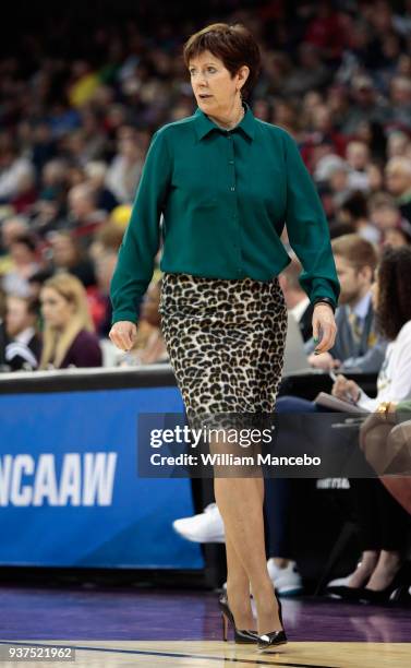 Head coach Muffet McGraw of the Notre Dame Fighting Irish works from the sideline in the game against the Texas A&M Aggies during the 2018 NCAA...