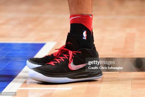 Sneakers of Denzel Valentine of the Chicago Bulls during the game against the Detroit Pistons on March 24, 2018 at Little Caesars Arena in Auburn...