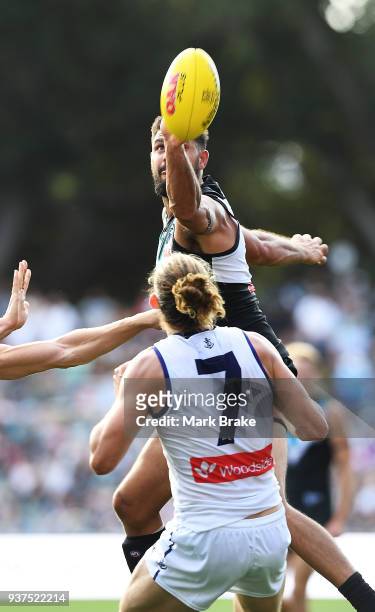 Paddy Ryder of Port Adelaide taps over Nat Fyfe of the Dockers during the round one AFL match between the Port Adelaide Power and the Fremantle...