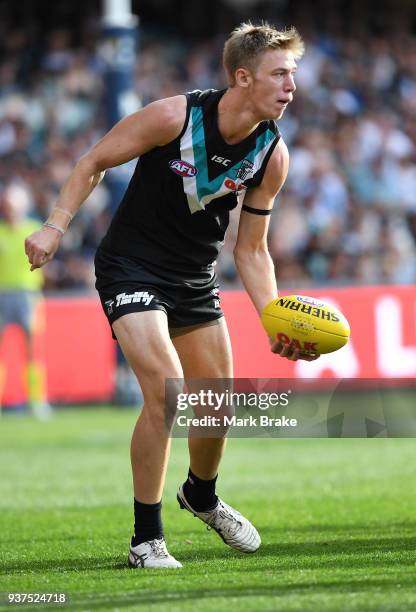 Todd Marshall of Port Adelaide handballs during the round one AFL match between the Port Adelaide Power and the Fremantle Dockers at Adelaide Oval on...