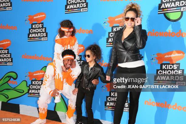 Mariah Carey and Nick Cannon arrive with children Monroe Cannon and Moroccan Scott Cannon at the 31st Annual Nickelodeon Kids' Choice Awards on March...