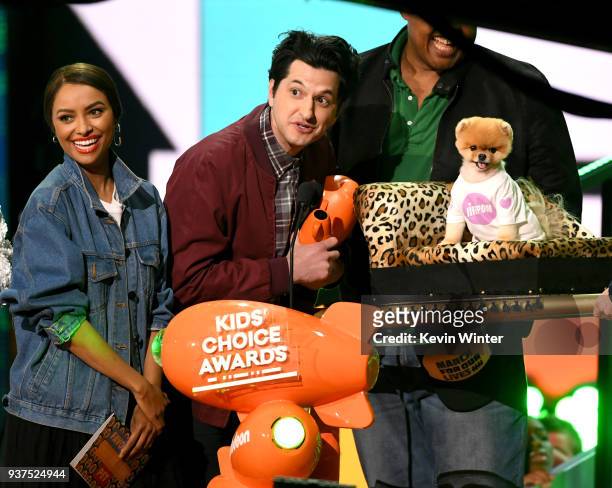 Kat Graham and Ben Schwartz present Favorite Instagram Pet award to Jiffpom onstage at Nickelodeon's 2018 Kids' Choice Awards at The Forum on March...