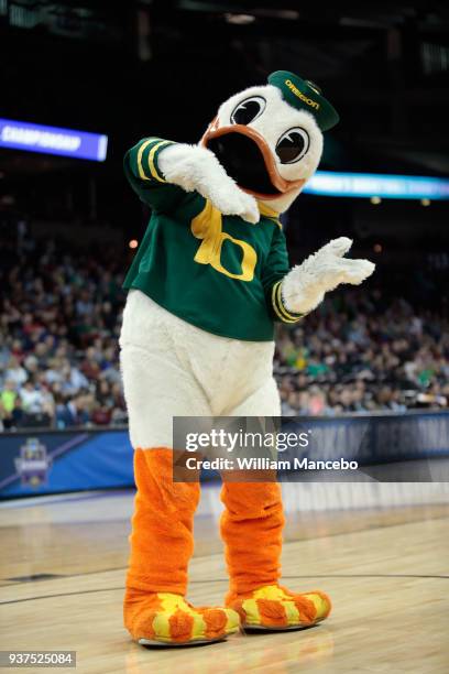 The mascot for the Oregon Ducks performs during the game against the Central Michigan Chippewas in the 2018 NCAA Division 1 Women's Basketball...