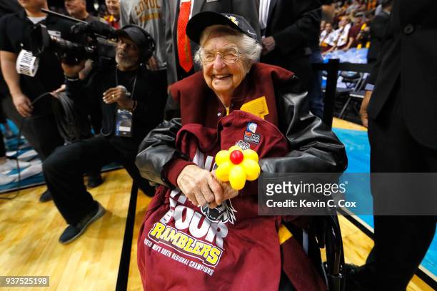 Sister Jean Dolores Schmidt celebrates with the Loyola Ramblers after defeating the Kansas State Wildcats during the 2018 NCAA Men's Basketball...