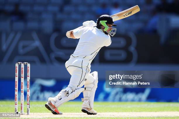 Watling of the Black Caps plays the ball away for four runs during day four of the First Test match between New Zealand and England at Eden Park on...