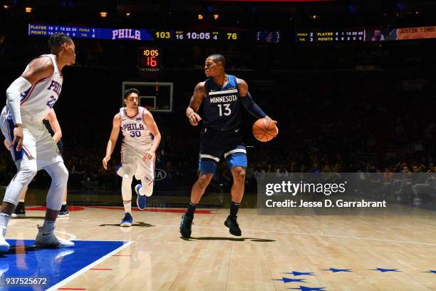 Marcus Georges-Hunt of the Minnesota Timberwolves dribbles the ball against the Philadelphia 76ers at Wells Fargo Center on March 24, 2018 in...