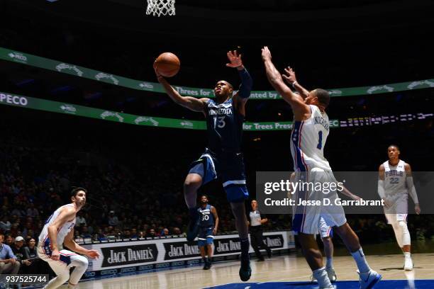 Marcus Georges-Hunt of the Minnesota Timberwolves goes up for the layup against the Philadelphia 76ers at Wells Fargo Center on March 24, 2018 in...