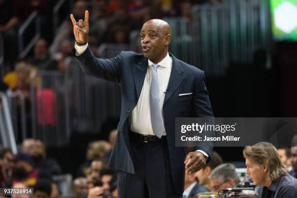 Interim head coach Larry Drew of the Cleveland Cavaliers yells to his players during the first half against the Milwaukee Bucks at Quicken Loans...