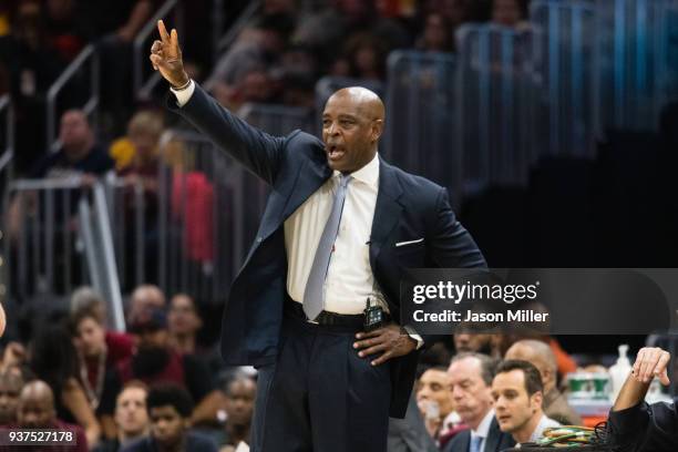 Interim head coach Larry Drew of the Cleveland Cavaliers yells to his players during the first half against the Milwaukee Bucks at Quicken Loans...