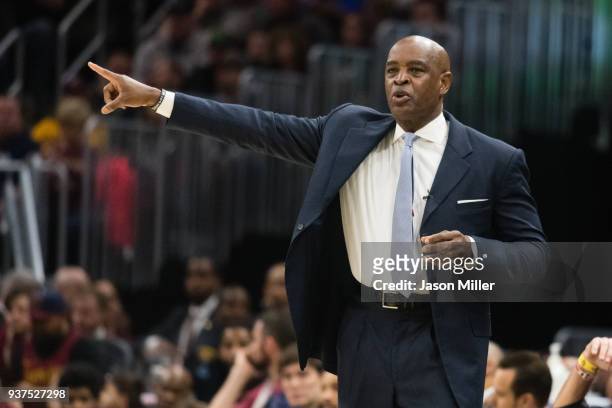 Interim head coach Larry Drew of the Cleveland Cavaliers yells to his players during the first half against the Milwaukee Bucks at Quicken Loans...