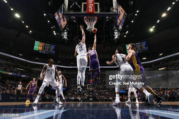 Tyler Ennis of the Los Angeles Lakers goes to the basket against the Memphis Grizzlies on March 24, 2018 at FedExForum in Memphis, Tennessee. NOTE TO...