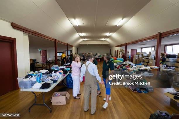Tathra town hall, which is taking donations of living essentials on March 25, 2018 in Tathra, Australia. A bushfire which started on 18 March...