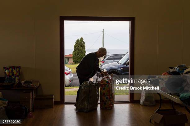Tathra town hall, which is taking donations of living essentials on March 25, 2018 in Tathra, Australia. A bushfire which started on 18 March...