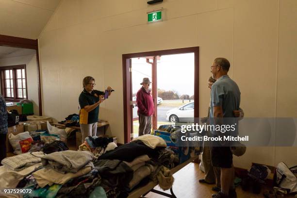 Tathra town hall, which is taking donations of living essentials on March 25, 2018 in Tathra, Australia. A bushfire which started on 18 March...