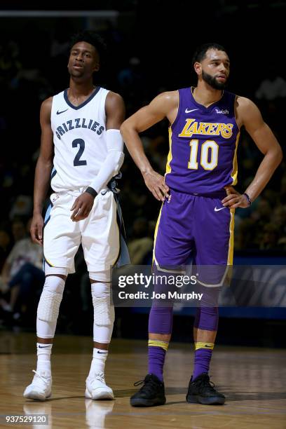 Tyler Ennis of the Los Angeles Lakers and Kobi Simmons of the Memphis Grizzlies on March 24, 2018 at FedExForum in Memphis, Tennessee. NOTE TO USER:...