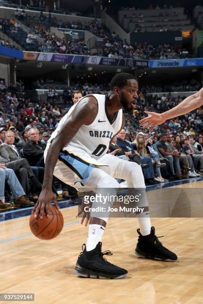 JaMychal Green of the Memphis Grizzlies handles the ball against the Los Angeles Lakers on March 24, 2018 at FedExForum in Memphis, Tennessee. NOTE...
