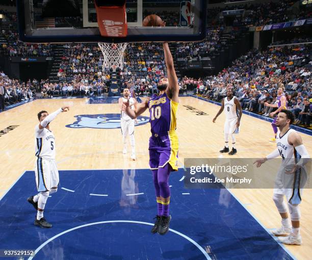 Tyler Ennis of the Los Angeles Lakers goes to the basket against the Memphis Grizzlies on March 24, 2018 at FedExForum in Memphis, Tennessee. NOTE TO...