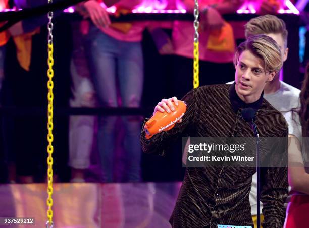 Jace Norman accepts the Favorite TV Actor award for 'Henry Danger' onstage at Nickelodeon's 2018 Kids' Choice Awards at The Forum on March 24, 2018...