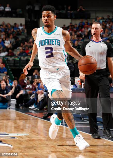 Jeremy Lamb of the Charlotte Hornets handles the ball against the Dallas Mavericks on March 24, 2018 at the American Airlines Center in Dallas,...