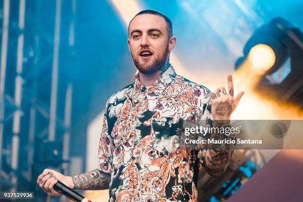 The DJ Mac Miller performs live on stage during the second day of Lollapalooza Brazil Festival at Interlagos Racetrack on March 24, 2018 in Sao...