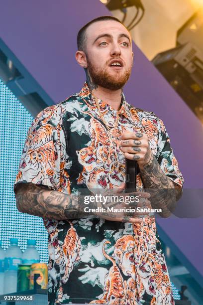 The DJ Mac Miller performs live on stage during the second day of Lollapalooza Brazil Festival at Interlagos Racetrack on March 24, 2018 in Sao...