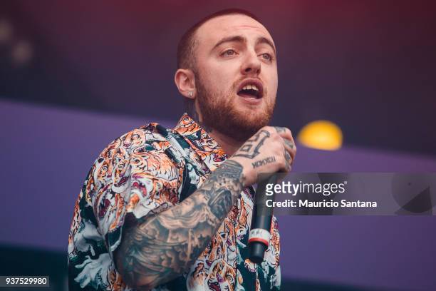 The DJ Mac Miller performs live on stage during the second day of Lollapalooza Brazil Festival at Interlagos Racetrack on March 24, 2018 in Sao...