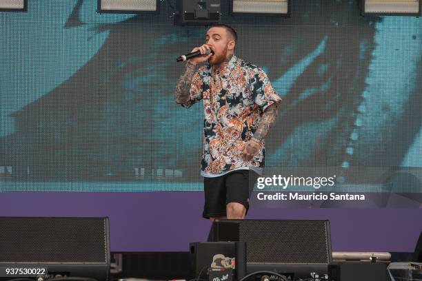 The DJ Mac Miller performs live on stage during the second day of Lollapalooza Brazil Festival at Interlagos Racetrack on March 24, 2018 in Sao...