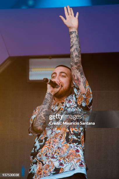 The DJ Mac Miller performs live on stage during the second day of Lollapalooza Brazil Festival at Interlagos Racetrack on March 24, 2018 in Sao...