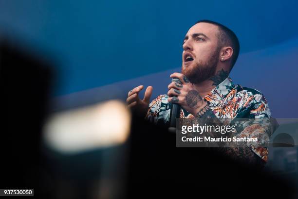 The DJ Mac Miller performs live on stage during the second day of Lollapalooza Brazil Festival at Interlagos Racetrack on March 24, 2018 in Sao...