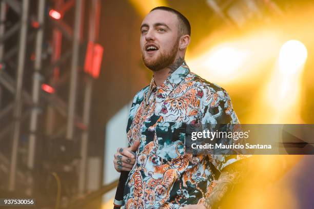 The DJ Mac Miller performs live on stage during the second day of Lollapalooza Brazil Festival at Interlagos Racetrack on March 24, 2018 in Sao...