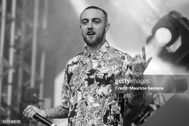 The DJ Mac Miller performs live on stage during the second day of Lollapalooza Brazil Festival at Interlagos Racetrack on March 24, 2018 in Sao...